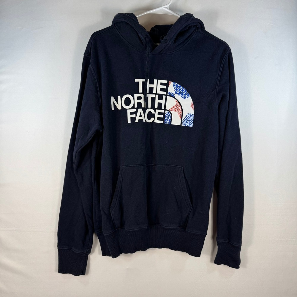 The North Face Mens Navy Blue Graphic Logo Fleece Hoodie Small Patriotic Pattern